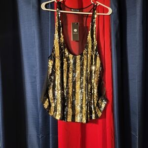 SETA Women's Sequin Camisole - Black and Gold, XXXL TOP SPARK TANK, New
